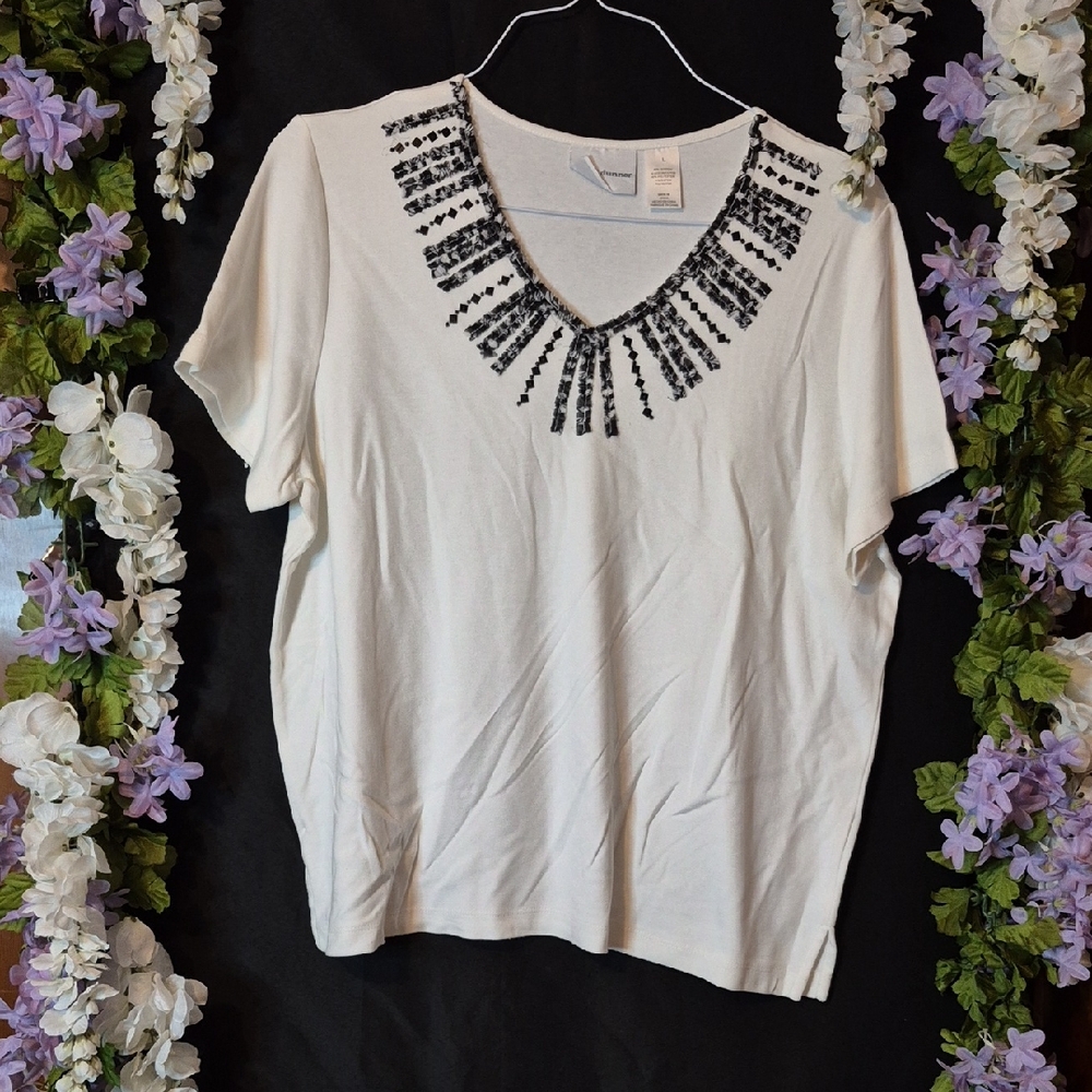 Alfred Dunner White Short Sleeve V-Neck Top with Black Beaded Trim